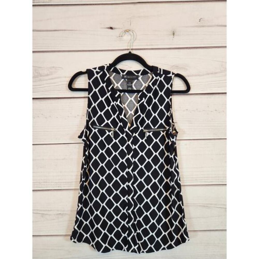 I-N-C Women's Black White Geometric Print Sleeveless V-Neck Blouse Petite Medium